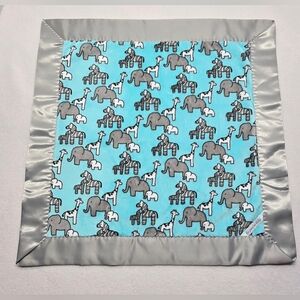 Blue Safari Baby Lovey Blanket Satin Trim Minky Elephant Giraffe Zebra